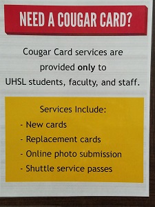 Flyer listing Cougar Card services at Sugar Land